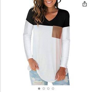 Black/white long sleeve with suede pocket.